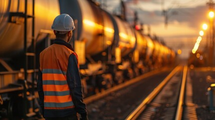 Worker in safety vest and helmet on railway