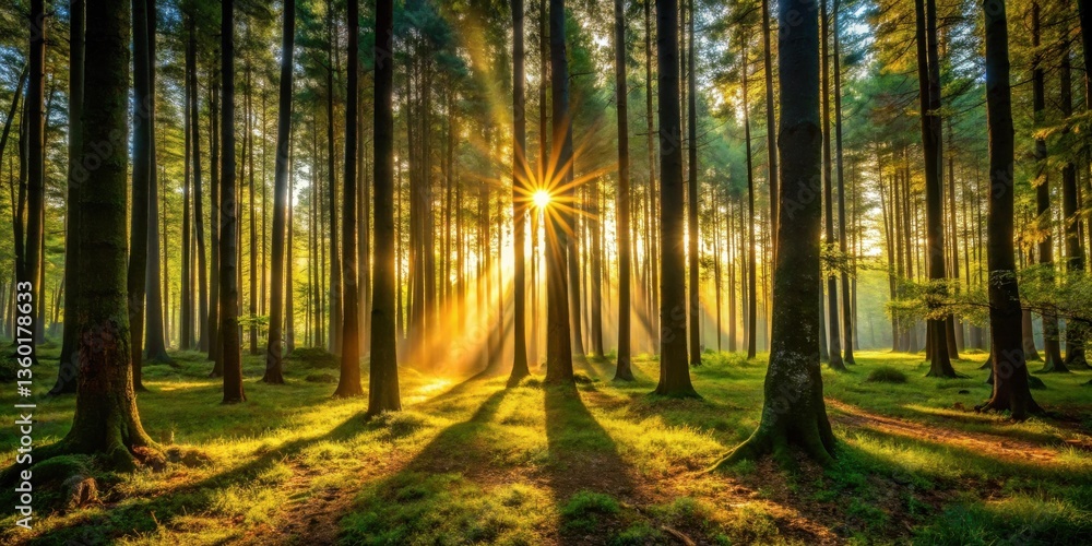 Aufkleber golden sunlight streams through a dense forest, illuminating the verdant undergrowth and creating lo