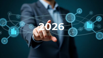 Happy New Year 2026: Businessman Setting Goals for Future Growth