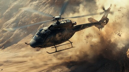 Naklejka premium A black military helicopter flies low over a desert landscape, kicking up sand and dust as it maneuvers through the air.