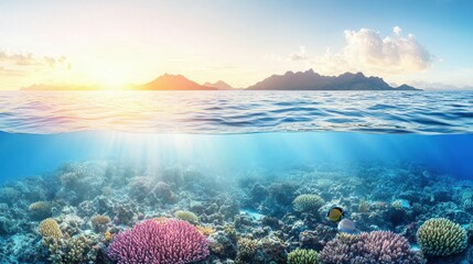 Naklejka premium Vibrant underwater world with colorful coral reefs at sunset