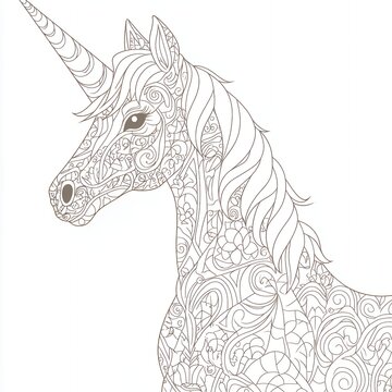 Ornate Detailed Zentangle Unicorn Design Adult Coloring Page Magical Fantasy Horse Line Art Illustration Pretty Brown White Background Book