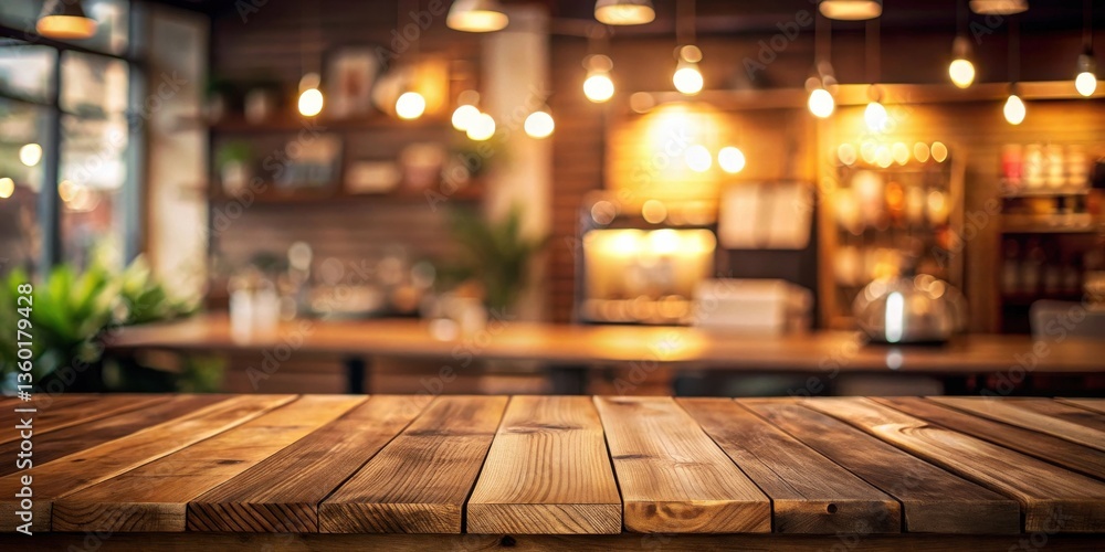 Poster Rustic Wooden Tabletop with Blurred Cozy Cafe Background Ideal for Product Placement and Mockups