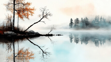 Obraz premium serene lake scene with morning fog, soft pale blues, and grays. Bare trees with autumn leaves reflect on still water, while misty forest creates tranquil, dreamy atmosphere