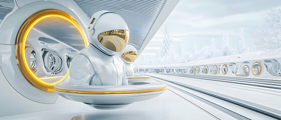 Futuristic space travel concept featuring astronauts and a sleek train. Suggestion: Use for sci-fi book covers or promotional material.