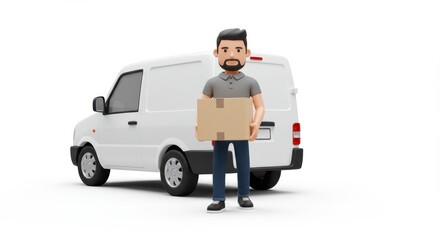 Delivery Man Holding Package in Front of a White Delivery Van