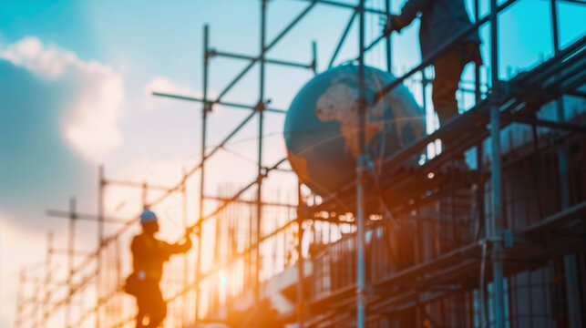 Construction workers working on scaffoldingInternational Workers Day. Worker helmet and world globe