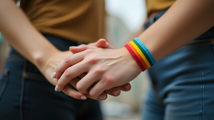 Close-Up of Lesbian Couple Holding Hands with Rainbow Wristbands: A Symbol of Love, Activism, and LGBT Community Freedom in Stock Photo with Empty Space