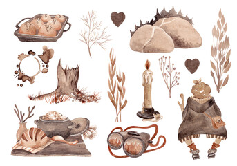 Fairytale set in boho style: dishes, clothes, food. Everyday life culture of forest Baba Yaga. Isolated watercolor elements. White background
