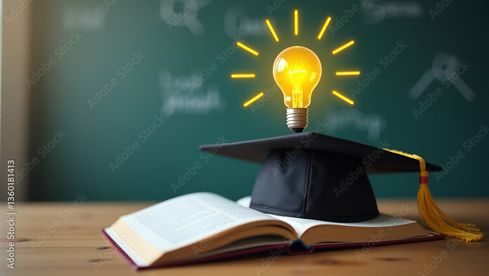 Poster innovative education concepts: graduation cap with lightbulb symbolizing knowledge in science and ma