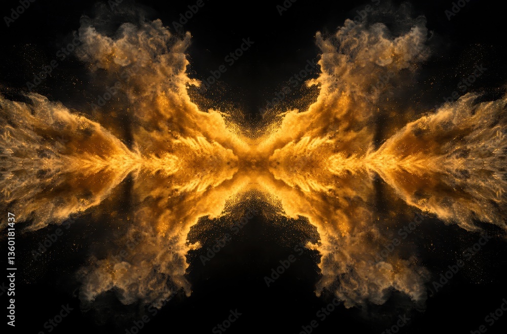 Poster golden smoke and colorful dust explosion creating dramatic abstract art on black background for crea