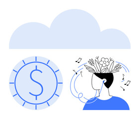 Person listening to music growing ideas as flowers, a coin symbol for finance, and a cloud above. Ideal for innovation, creativity, mindfulness, finance, technology, productivity cloud computing