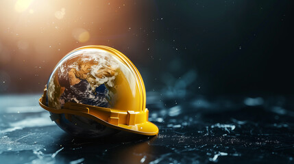 World Day for Safety and Health at Work concept.The planet Earth and the helmet symbol of safety and health at work place. Safety and Health at Work concept