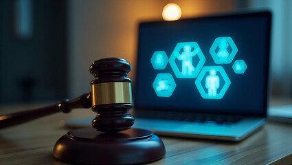 AI ethics and AI Law concept. Judicial gavel and laptop with legal astute icons on the table. Artificial intelligence law and online technology of legal law regulations. AI technology group control. c