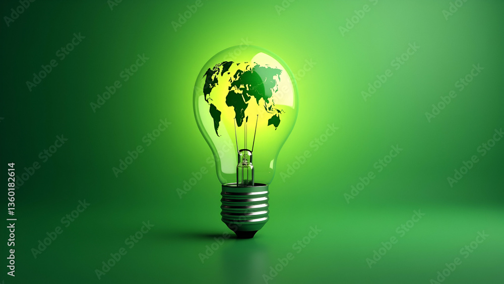 Poster illuminating the future: a light bulb with a world map symbolizing renewable energy and environmenta