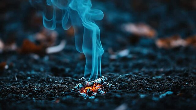 Blue Smoke Rises from Tiny Forest Fire