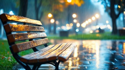 Serene empty park bench on a rainy night with glowing streetlights and wet pavement