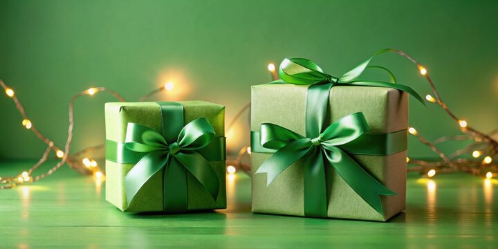 Two luxuriously wrapped green gifts adorned with satin ribbons, illuminated by warm string lights against a verdant backdrop