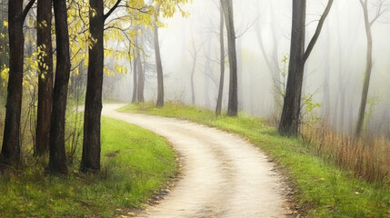 Fototapeta premium serene mist covered forest trail winds through tall trees with subtle greens and grays, creating tranquil and dreamy atmosphere. soft light enhances peaceful mood