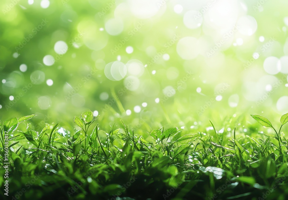 Poster lush green grass with dew drops illuminated by soft natural light creating a serene and refreshing o