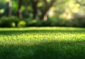 Naklejka premium Lush Green Grass with Soft Light Illuminating a Peaceful Outdoor Landscape Surrounded by Trees and Nature in a Tranquil Setting Perfect for Relaxation