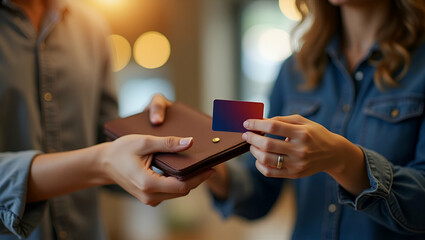 Modern Commerce: Accepting Credit Card Payments with a Brown Purse for Coffee Orders - Stock Photo Concept