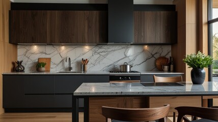 Modern kitchen design showcases wooden cabinetry, marble countertops, and a sleek range hood