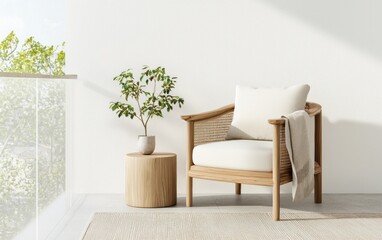 A light beige armchair with a cream cushion and throw sits on a rug, next to a small wooden side table with a potted plant.  The background features a textured off-white wall and blurred greenery