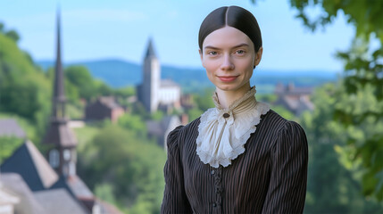 Emily Dickinson in Amherst, face based on 1846 daguerreotype, visual reconstruction via AI
