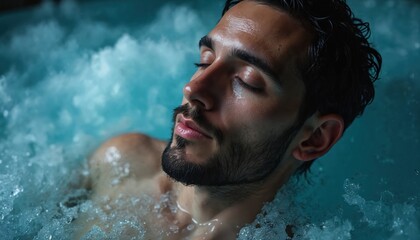 Close-up of man relaxing in cold ice water. Face closed eyes. Contrast between hot sauna, cold bath. Health wellness concept, relaxation, stress relief, hydrotherapy, mental health, wellbeing, spa