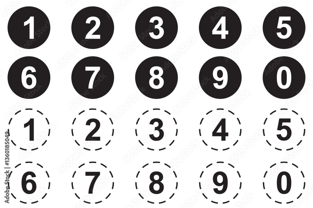 Poster simple number icon with round circle. 0 to 9 number symbol vector.