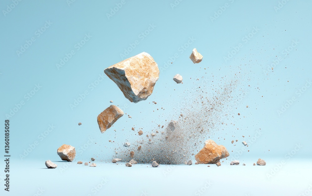 Poster abstract image of light beige and off-white rocks exploding against a light blue background. the roc