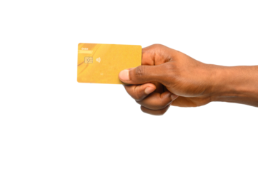 A close-up of a hand holding a gold debit card with a chip and contactless payment symbol. The clean background emphasizes digital banking, secure transactions, and the convenience of cashless payment