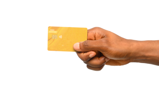 A close-up of a hand holding a gold debit card with a chip and contactless payment symbol. The clean background emphasizes digital banking, secure transactions, and the convenience of cashless payment