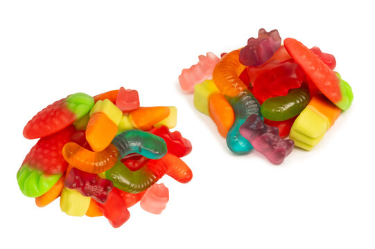 Assorted colorful gummy candies isolated on a white background. Top view. Jelly  sweets.