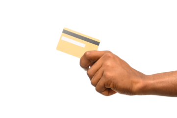 A close-up of a hand firmly holding a gold credit or debit card, showing the magnetic stripe and signature panel. The clean background highlights digital transactions, financial security, and cashless