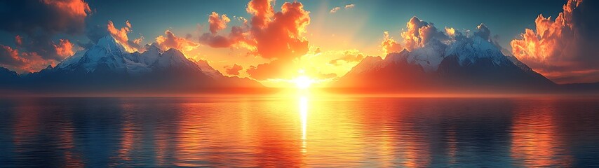 Fototapeta premium Majestic mountains and water reflect the brilliant sunset in the sky