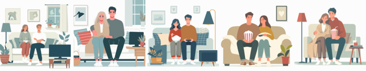 A couple watching a movie at home, feeling cozy. Style flat design, simple, minimalist, background white. Standing fullbody.