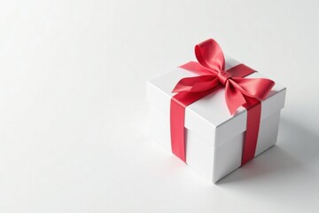 Obraz premium A pristine white gift box adorned with a vibrant coral ribbon, signifying a thoughtful present or celebratory occasion.