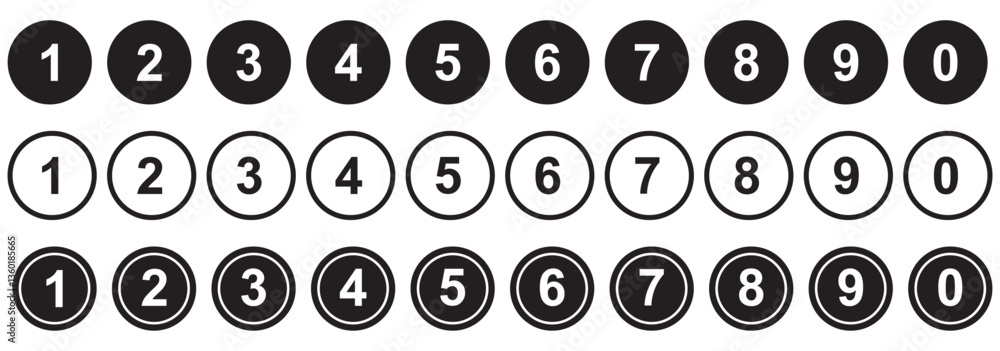 Poster simple number icon with round circle. 0 to 9 number symbol vector.