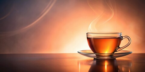 Aromatic steaming cup of tea on a saucer, warm amber light background