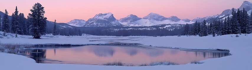 A tranquil winter scene shows mountains reflected in calm water