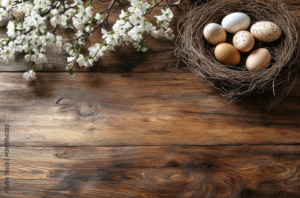 Aufkleber nest with colorful eggs surrounded by blooming branches on rustic wooden background for spring and e