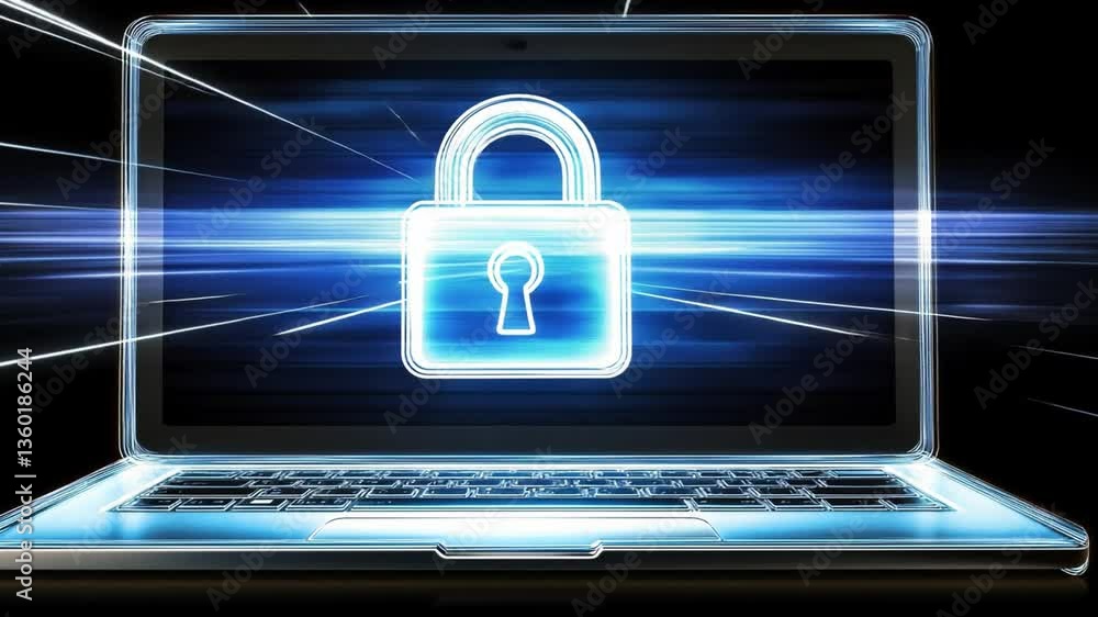 Poster secure digital lock on laptop screen illustrating cybersecurity concept with futuristic visual eleme