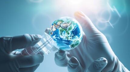 Close up doctor hand injecting a vaccine into globe for world health day concept. AI generated image