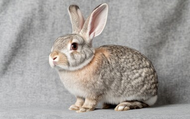 Fototapeta premium Gray and brown rabbit sitting on gray textured background. The rabbit is looking to the right of the frame. Soft lighting illuminates the rabbit's fur