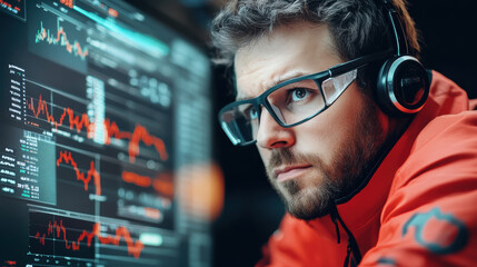 focused professional wearing glasses and headphones monitors live financial data on multiple screens, analyzing stock market trends and charts in high tech environment