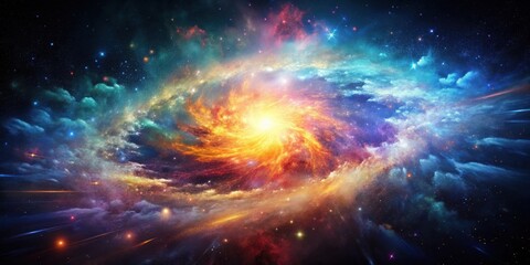 Fototapeta premium A vibrant cosmic swirl, a celestial dance of fiery orange and cool blues, embedded within a star-dusted nebula, evokes wonder and the boundless mysteries of the universe.