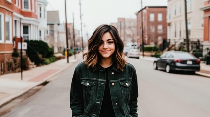 Woman smiling gently on urban street with long wavy brown hair