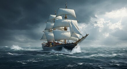 Dramatic sailing ship stormy ocean seascape. AI Generated